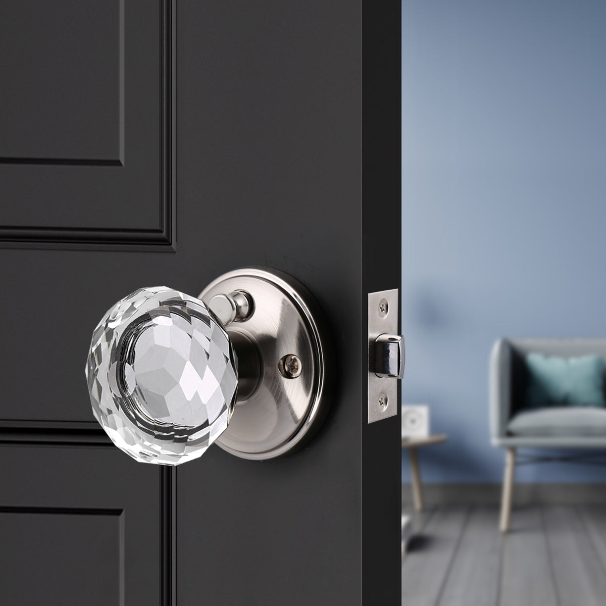 Diamond Crystal Glass Door Knobs with Satin Nickel Round Rosette, Privacy Door Lock DLC10SNBK
