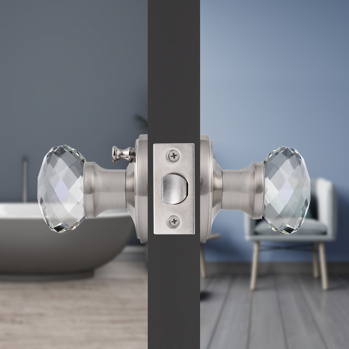 Diamond Crystal Glass Door Knobs with Satin Nickel Round Rosette, Privacy Door Lock DLC10SNBK