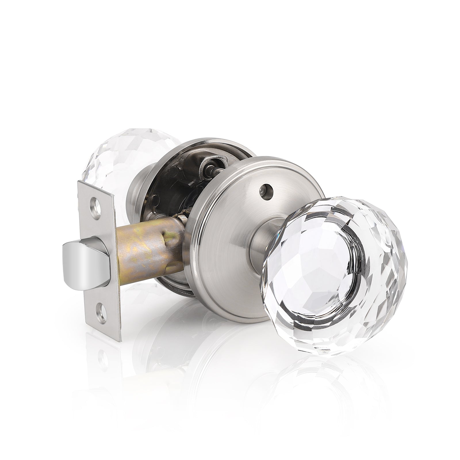 Diamond Crystal Glass Door Knobs with Satin Nickel Round Rosette, Privacy Door Lock DLC10SNBK