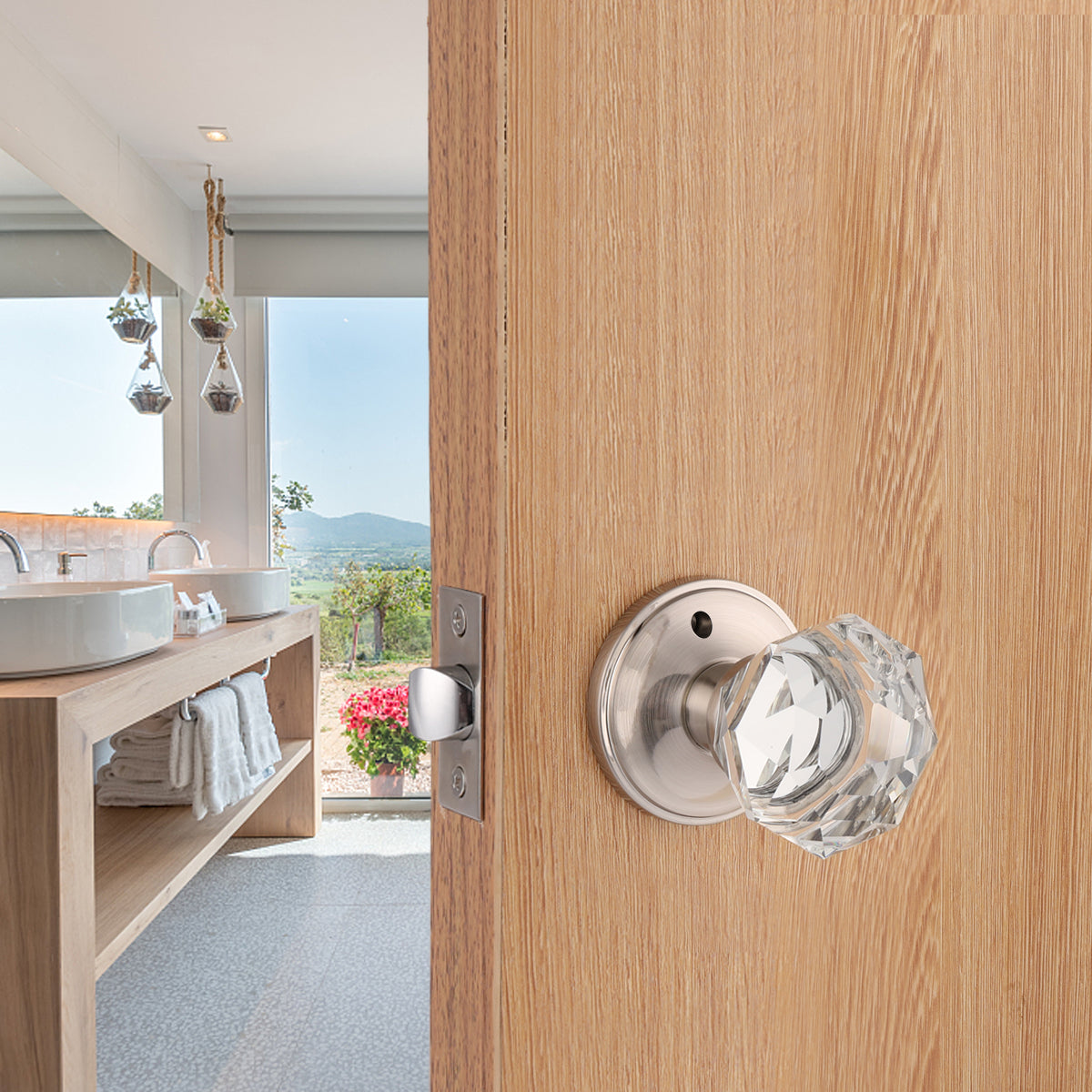 Tulip Style Door Knobs, Crystal Door Knob Lock with Satin Nickel Finish Rosette, Passage/Privacy Lock DLC2SN