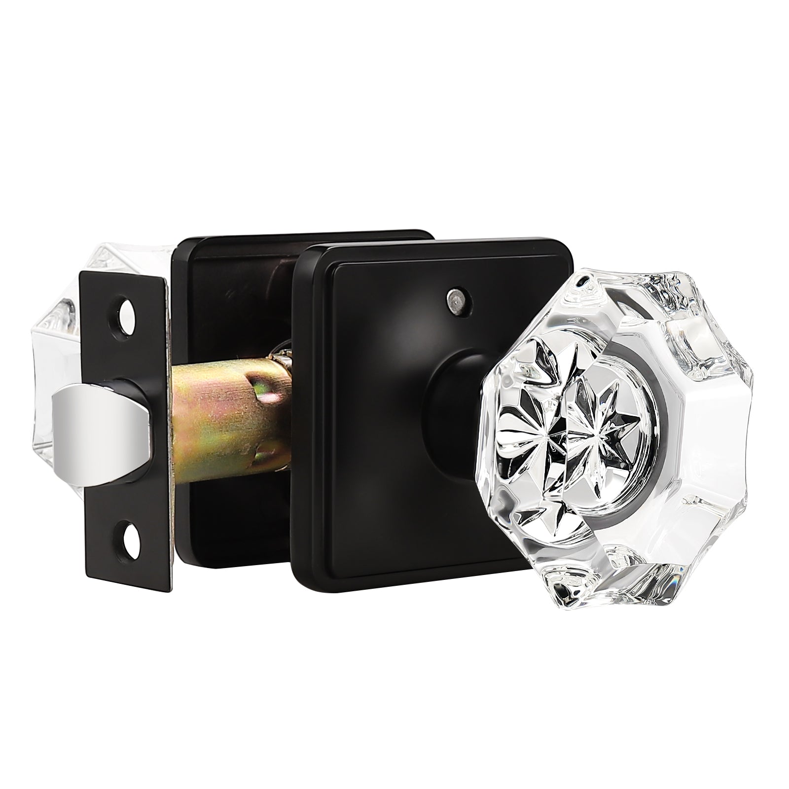 Octagon Crystal Door Knobs with Black Square Rosette, Privacy Door Lock DLC5BKBK - Probrico
