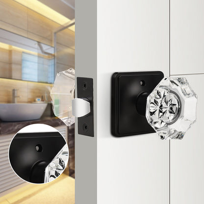 Octagon Crystal Door Knobs with Black Square Rosette, Privacy Door Lock DLC5BKBK
