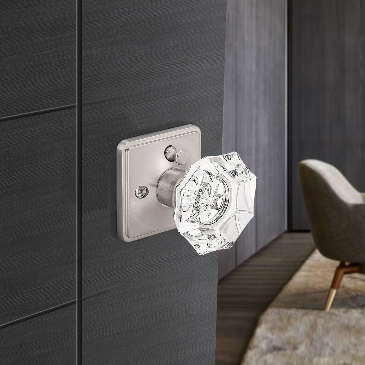 Octagon Crystal Door Knobs with Satin Nickel Rectangle Rosette Privacy Door Lock DLC5SNBK