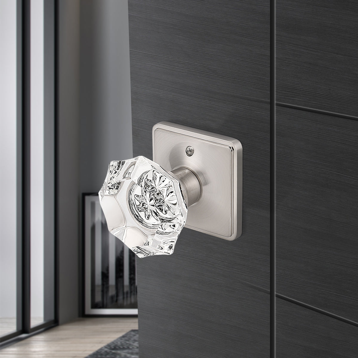 Octagon Crystal Door Knobs with Satin Nickel Rectangle Rosette Privacy Door Lock DLC5SNBK - Probrico