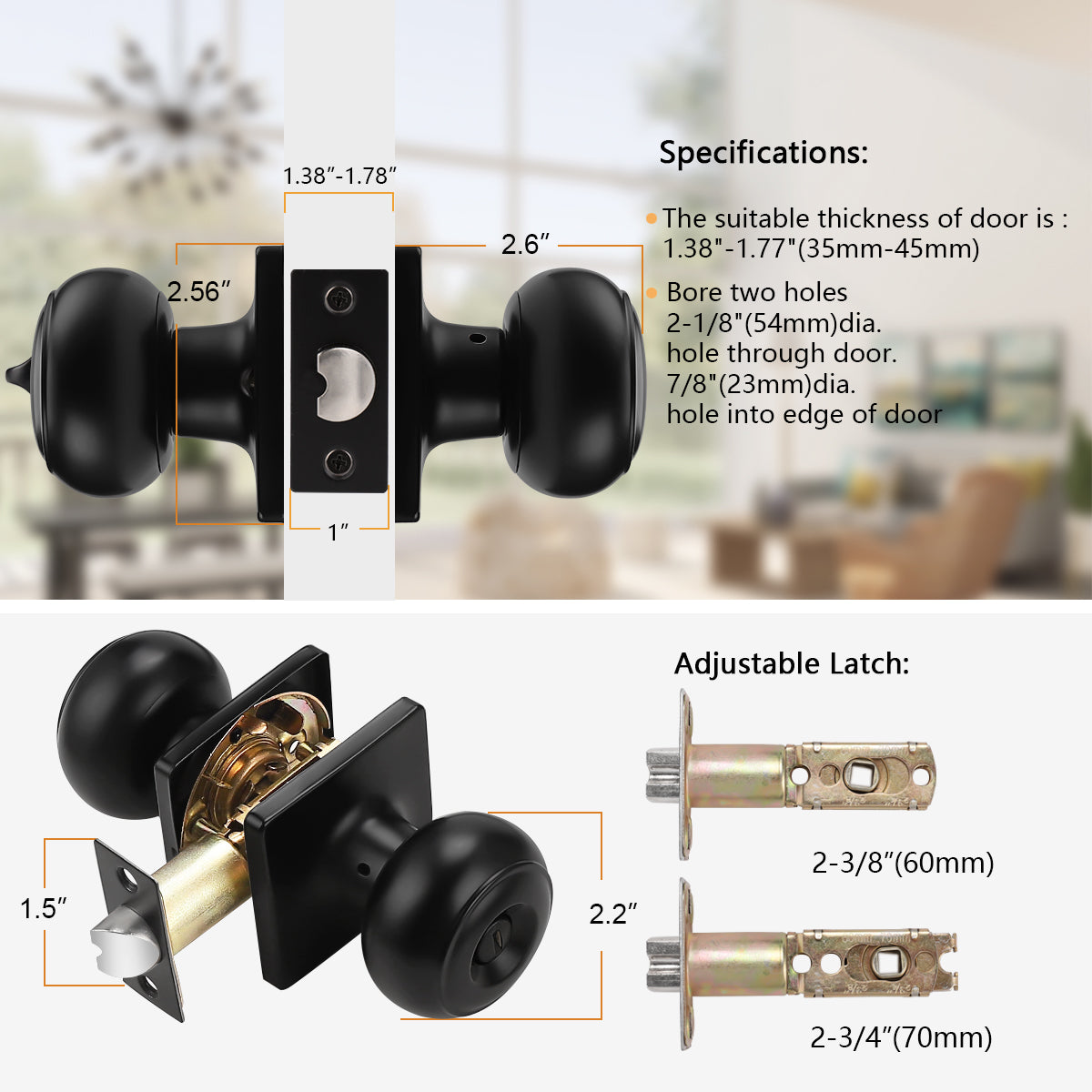 Flat Ball Knob with Square Rosette, Interior Privacy Door Knobs Black Finish DLS09BKBK - Probrico