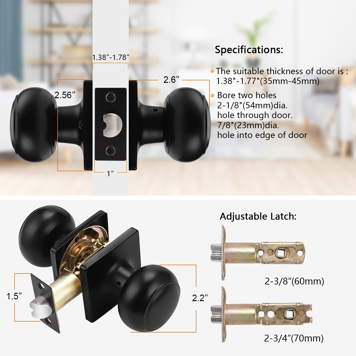 Flat Ball Knob with Square Rosette, Passage Door Knobs Black Finish DLS09BKPS - Probrico