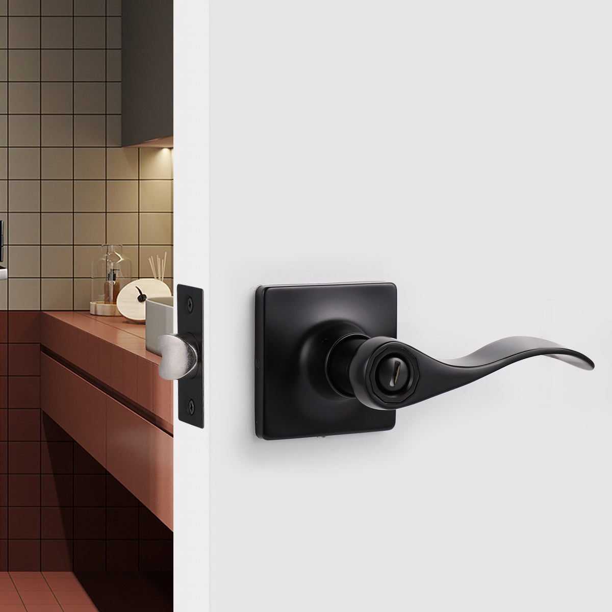 Wave Style Door Handles with Square Rosette, Entry Keyed/Privacy Lock/Passage/Dummy Lever Black Finish DLSQ061BK