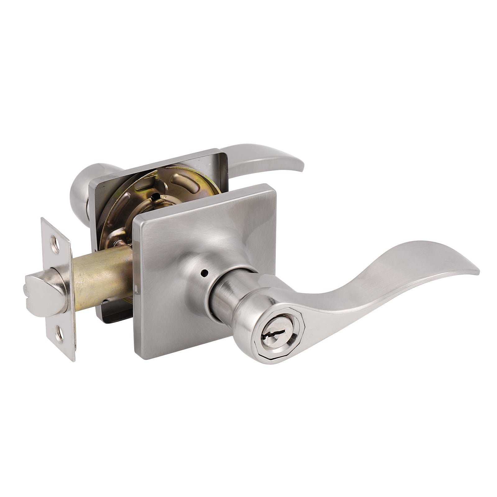 Wave Style Door Handles with Square Rosette, Entry Keyed/Privacy Lock/Passage/Dummy Lever Brushed Nickel Finish DLSQ061SN