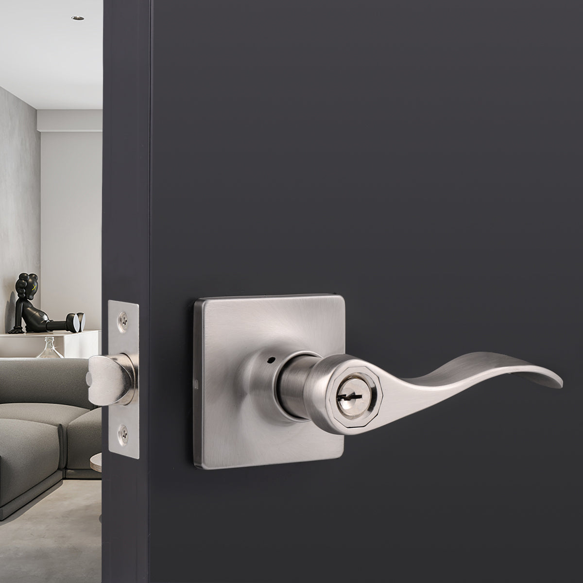 Wave Style Door Handles with Square Rosette, Entry Keyed/Privacy Lock/Passage/Dummy Lever Brushed Nickel Finish DLSQ061SN