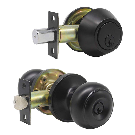 Keyed Alike Entry Door Lock Knob with Double Cylinder Deadbolt, Black Finish Combo Pack - DL609ET-102BK
