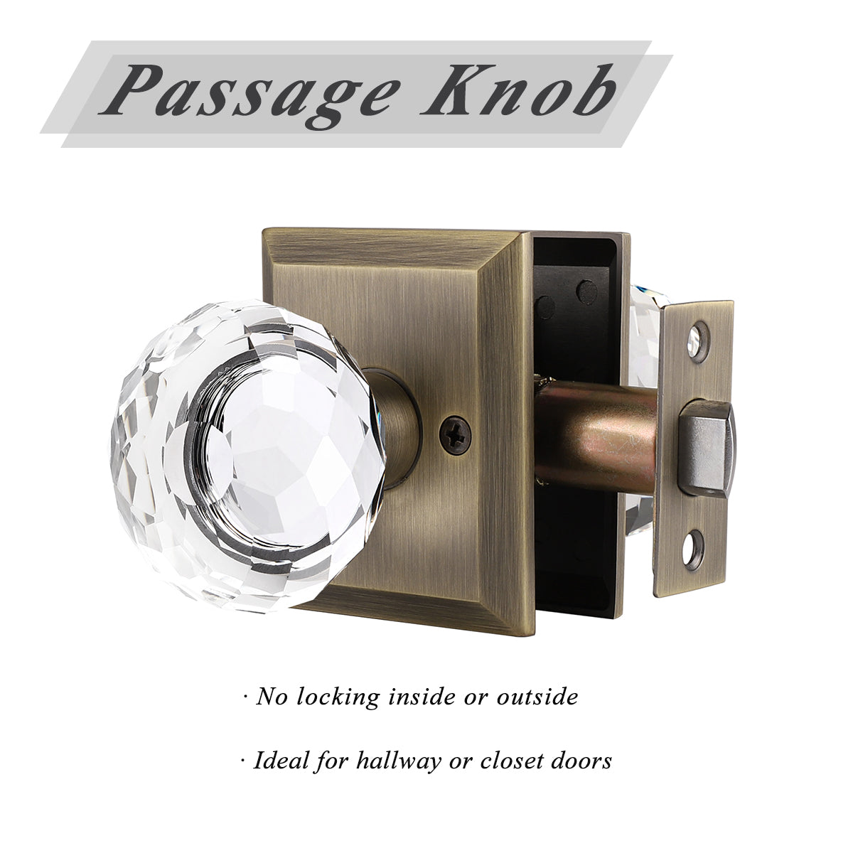 Probrico Antique Brass Diamond Crystal Glass Door Knobs Round Rosette Privacy/Passage Door Lock DLC10AOAB