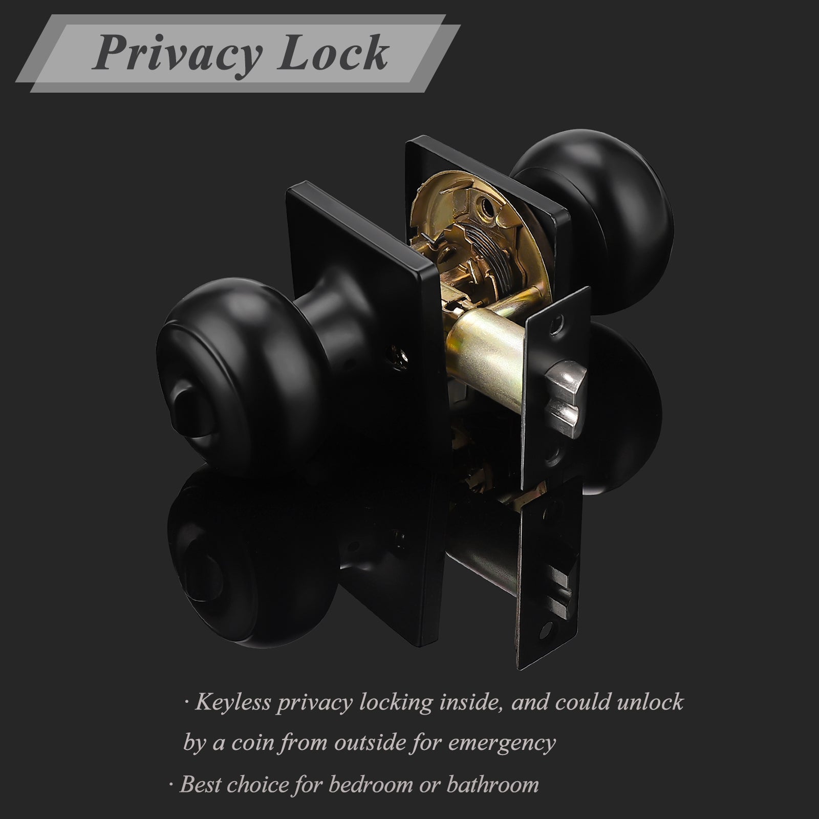 Flat Ball Knob with Square Rosette, Interior Privacy Door Knobs Black Finish DLS09BKBK - Probrico