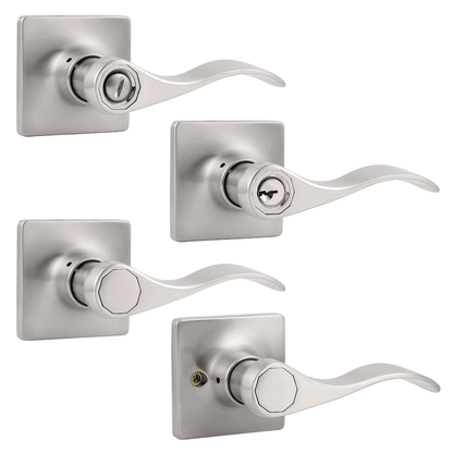 Wave Style Door Handles with Square Rosette, Entry Keyed/Privacy Lock/Passage/Dummy Lever Brushed Nickel Finish DLSQ061SN - Probrico