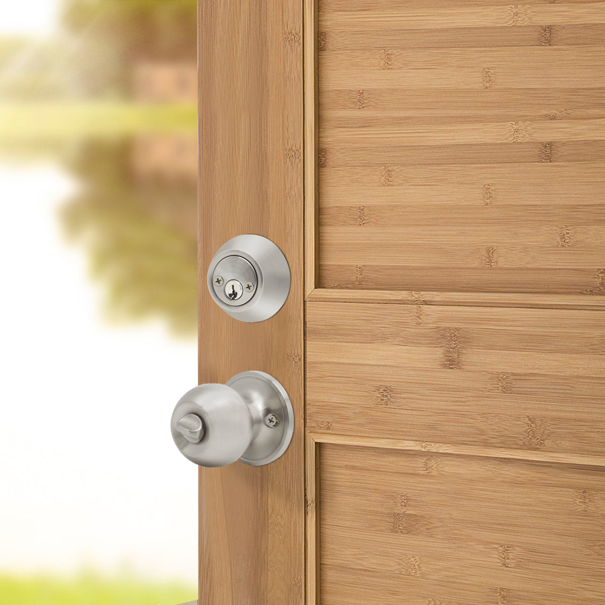 Round Ball Door Knob Lock with Double Cylinder Deadbolt Entry Keyed Lockset Satin Nickel Finish- Keyed Alike DL607ET-102SN