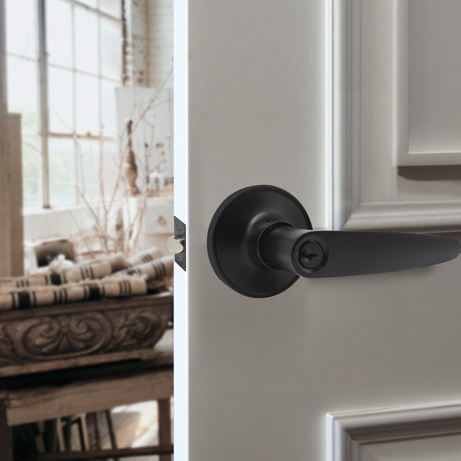Keyed Entry Door Levers Lockset with Same Key, Leaf Style, Black Finish - Probrico