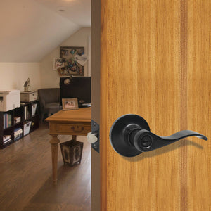 Keyed Entry Door Lever, Black Door Lock, Wave Handle on Round Rose - Probrico