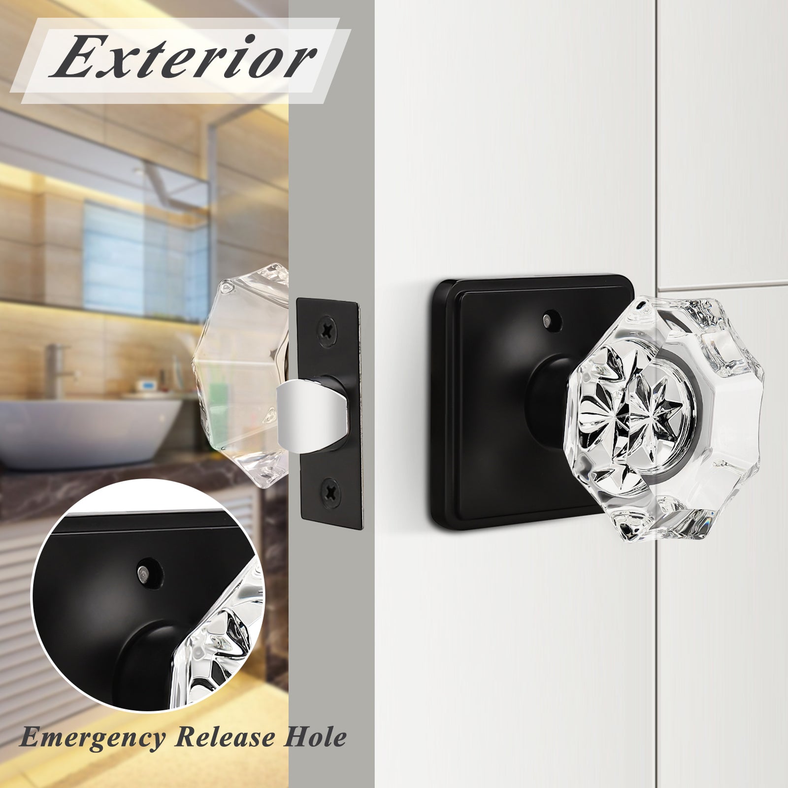 Octagon Crystal Door Knobs with Black Square Rosette DLC5BK Privacy/Passage Door Lock