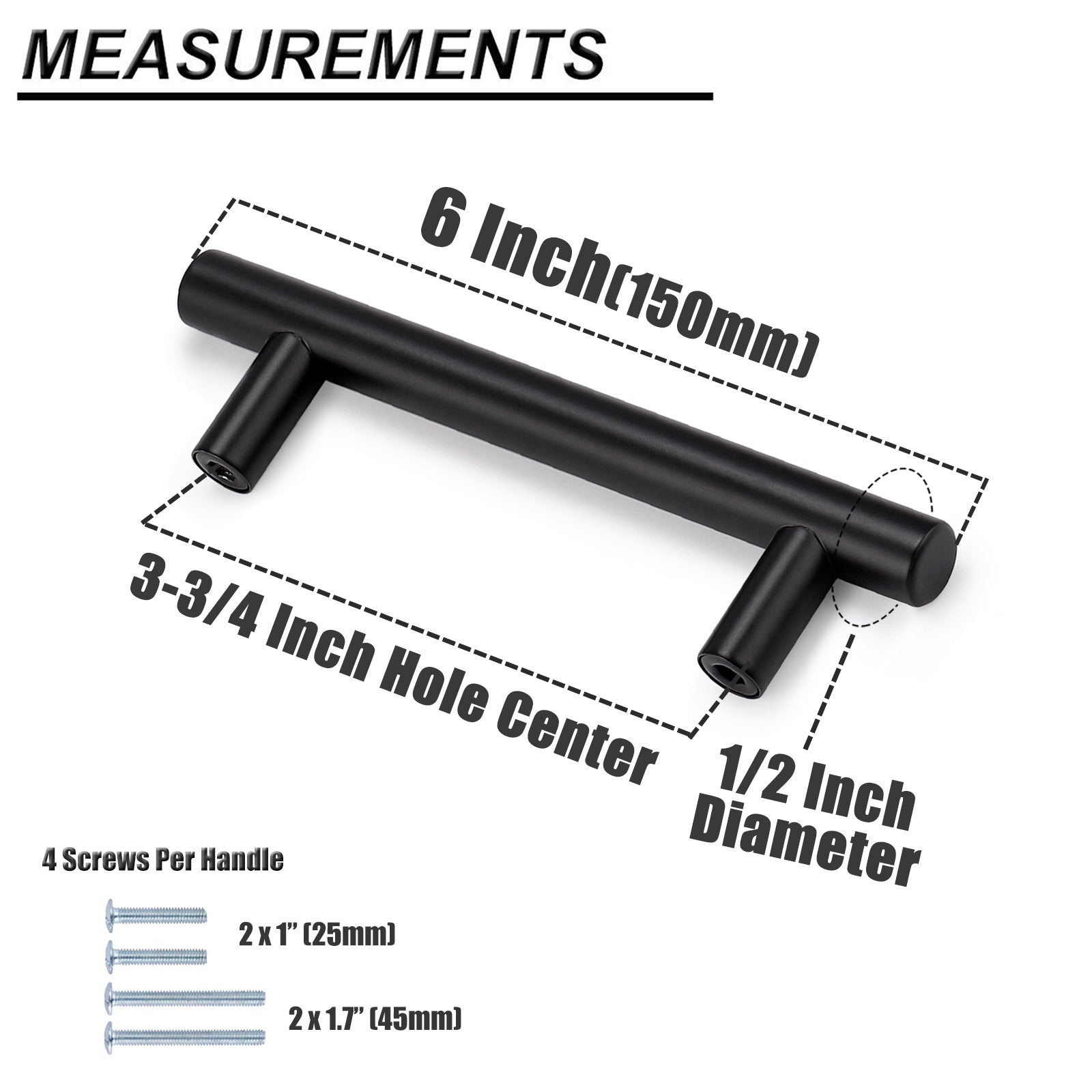 Probrico (5 Pack)Flat Black Kitchen Cabinet Pulls, 3-3/4 inch Hole Centers Cabinet Hardware EuroT Bar Handles Dresser Pulls