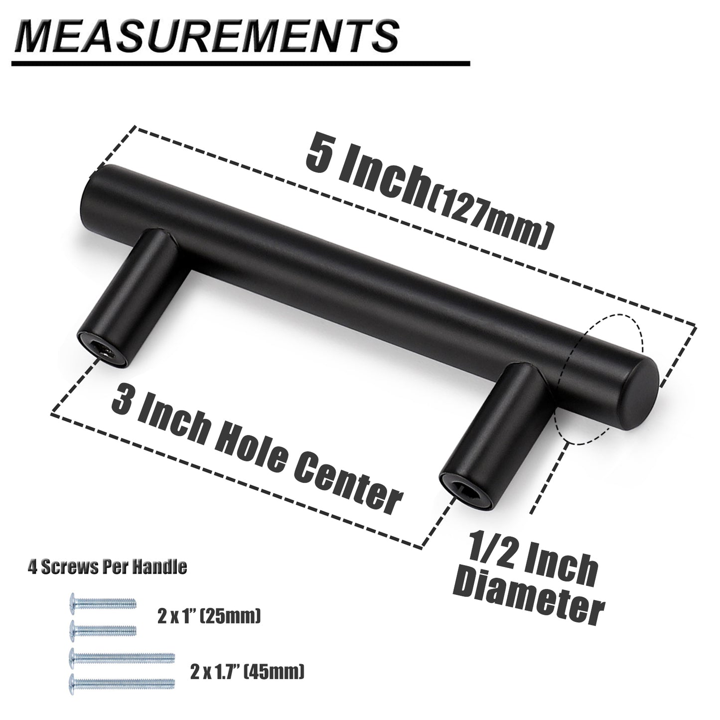 Black Cabinet Handles 3inch 76mm Hole Centers Modern Euro T Bar Pulls 5inch 127mm Length PD3383HBK76 - Probrico