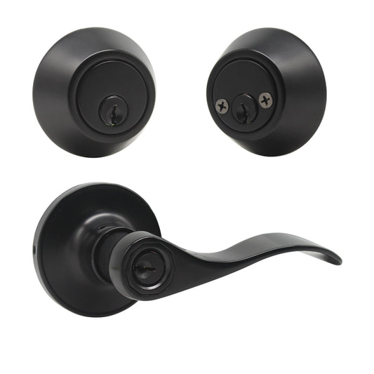 Wave Style Door Lever Lock with Double Cylinder Deadbolt Combo Packs Black Finish - Keyed Alike DL12061ET-102BK - Probrico