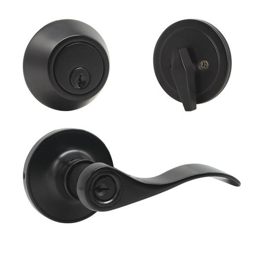 Wave Style Door Lever Lock with Single Cylinder Deadbolt Combo Packs Black Finish - Keyed Alike DL12061ET-101BK - Probrico