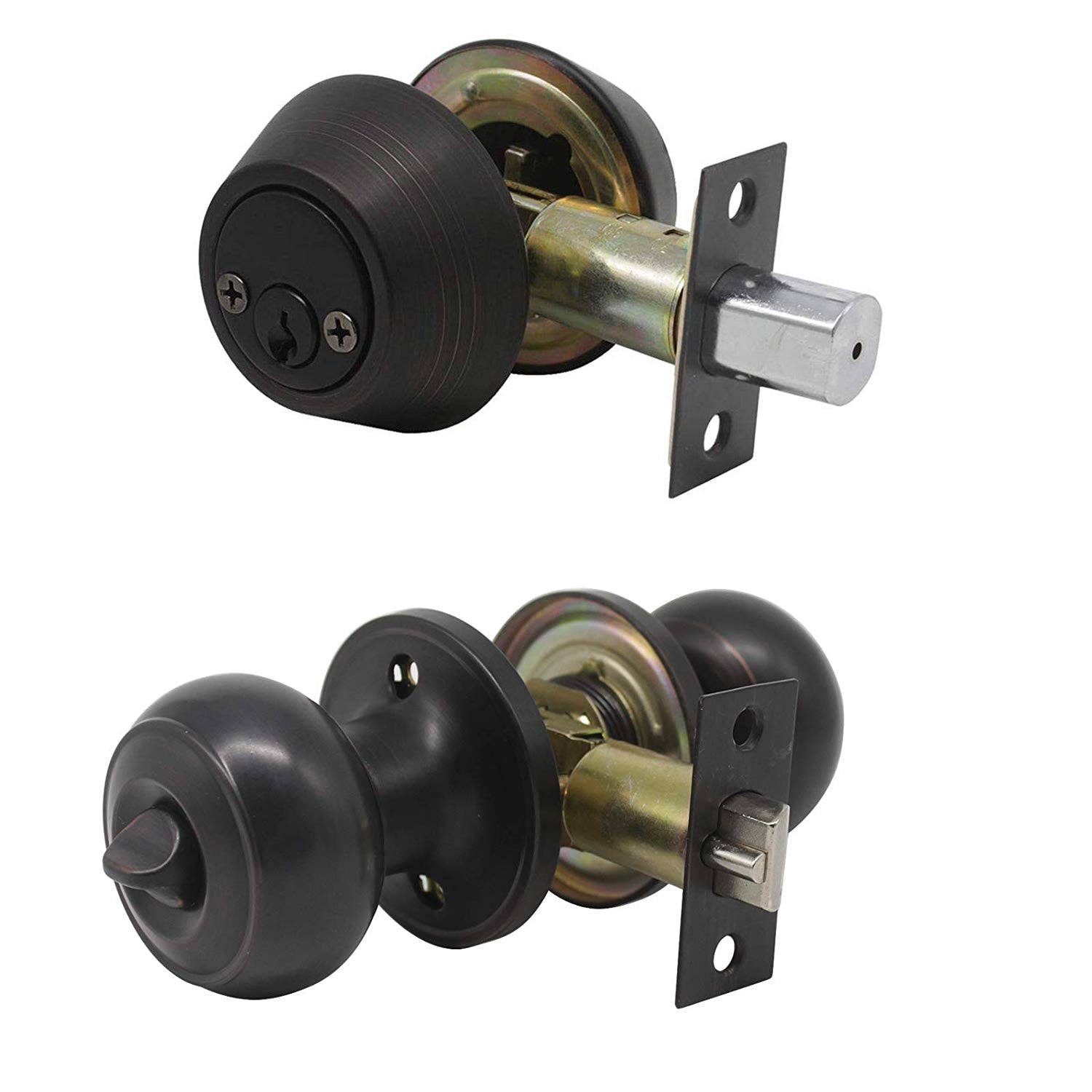 Flat Ball Door Knob Lock with Double Cylinder Deadbolt Keyed Entry Door Lockset Keyed Alike, Oil Rubbed Bronze Finish - DL609ET-102ORB