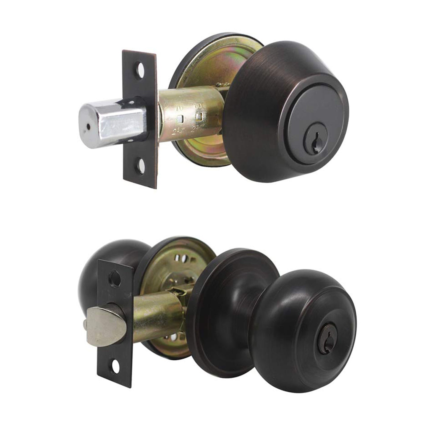 Flat Ball Door Knob Lock with Double Cylinder Deadbolt Keyed Entry Door Lockset Keyed Alike, Oil Rubbed Bronze Finish - DL609ET-102ORB - Probrico