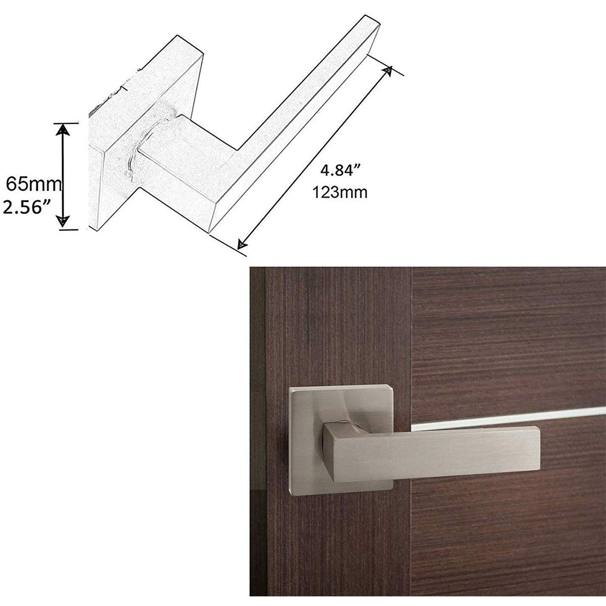 Single Dummy Door Lever Handle with Square Rosette, Brushed Nickel