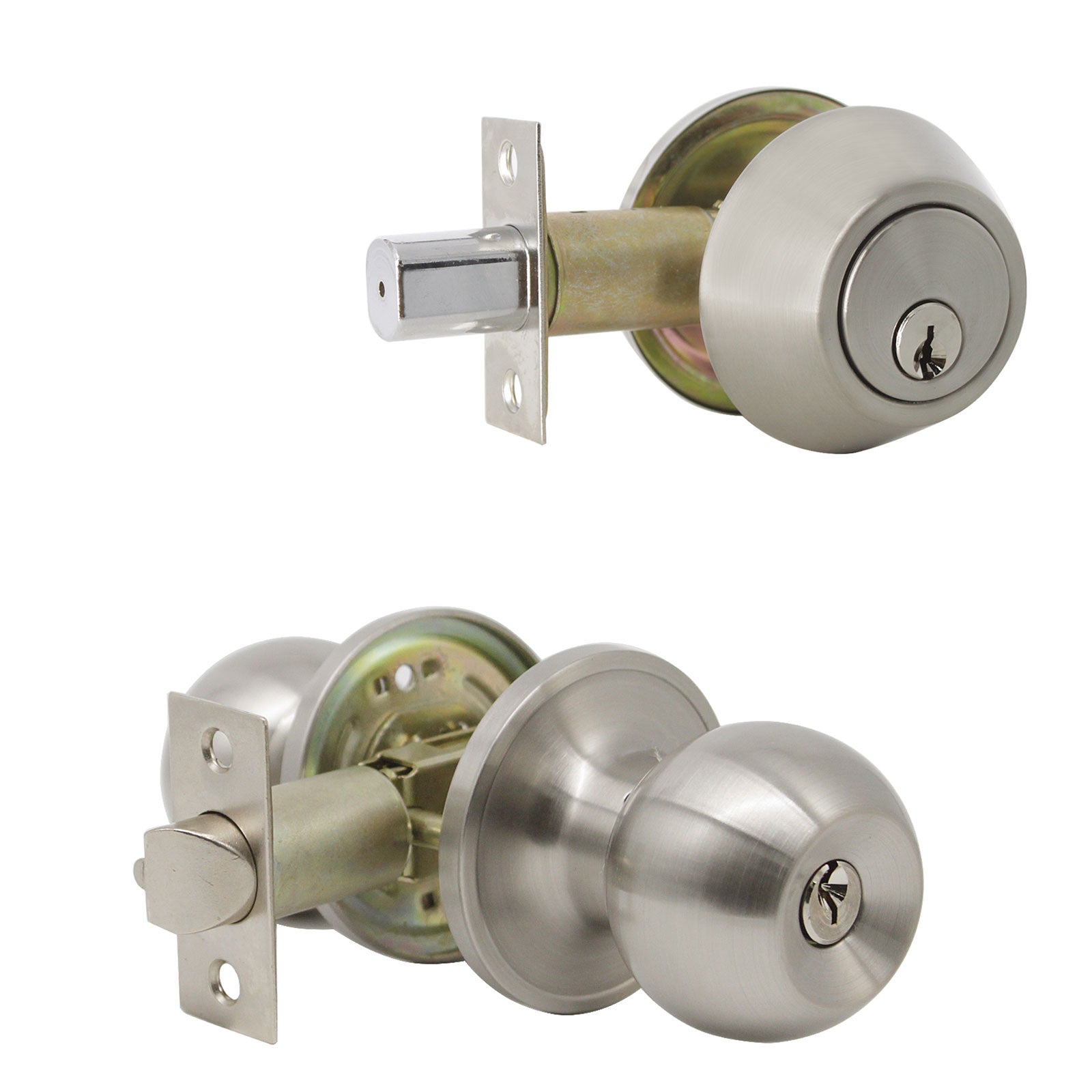 Round Ball Door Knob Lock with Double Cylinder Deadbolt Entry Keyed Lockset Satin Nickel Finish- Keyed Alike DL607ET-102SN