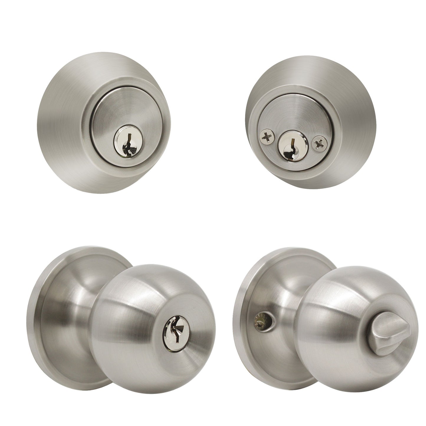 Round Ball Door Knob Lock with Double Cylinder Deadbolt Entry Keyed Lockset Satin Nickel Finish- Keyed Alike DL607ET-102SN - Probrico