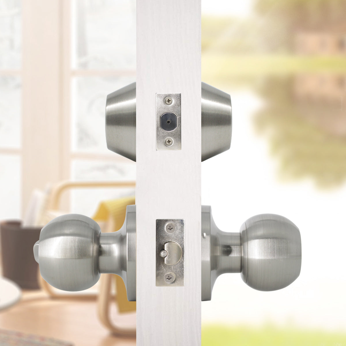 Round Ball Door Knob Lock with Double Cylinder Deadbolt Entry Keyed Lockset Satin Nickel Finish- Keyed Alike DL607ET-102SN